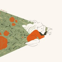 an illustration of a woman laying on the ground with her head down and reading a book