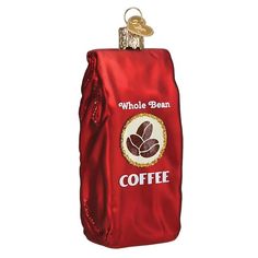 a coffee bag ornament hanging from a hook