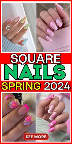 Spring Nails 2024 Trends Acrylic, 2024 Spring Nail Designs, May Acrylic Nail Ideas, Acrylic Nail Designs For Spring Square, Spring Nails 2024 Square, Spring Time Nails Acrylic Square, May Nail Designs 2024, Spring Nail Art Square, Spring Nails 2024 Trends Square