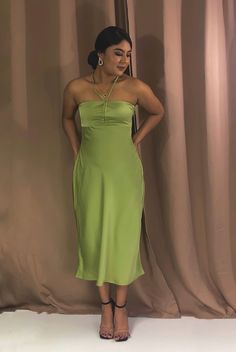 Midi dress Halter neck tie fastening Zipper fastening on the side 97% polyester 3% spandex Model is wearing a size small Color- green Avocado Dress, Sage Midi Dress, Dress Halter Neck, Midi Dress Green, Avocado Dressing, Dress Halter, Fancy Dinner, Green Midi Dress, Too Short