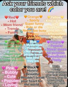 two girls standing next to each other with the words ask your friends which color you are