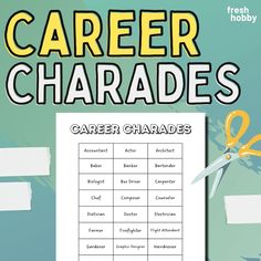 a poster that says career charadess with scissors and paper on the table next to it