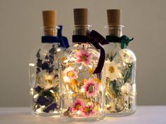 three glass bottles filled with flowers and lights