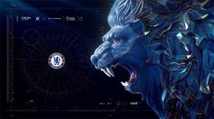 a blue lion with its mouth open in front of a dark background and the chelsea logo