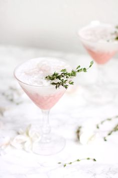 two martinis with herbs garnish on the rim