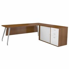 an office desk with two drawers and a white cabinet