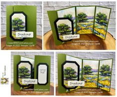 four different pictures of cards with trees and flowers on them, one is open to show the