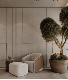 a living room filled with furniture and a potted tree