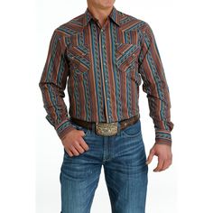 Style number: MTW1301069. Multicolor shirt. Modern patterns throughout. Western style yokes and pockets. Snap front closure. Snap flap chest pockets. Adjustable cuffs. Collared neckline. 100% cotton. Western Apparel, Modern Print, Western Shirts, Modern Prints, Plain Weave, Long Shirt, Western Style, Western Wear, Stripe Print