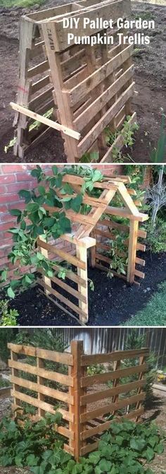 the steps to make a garden bench out of wood pallets are shown in three different stages