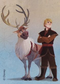 a painting of a man standing next to a reindeer