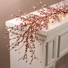 a bunch of pink berries on top of a white cabinet next to some string lights