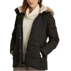 DescriptionCondition: New with tags Included: Women Puffer Coat Color: Black  Product details Lauren Ralph Lauren's down coat features an interior drawcord waistband that's designed to cinch the waist for added warmth and a flattering silhouette. It's equipped with 400-fill-power down and a plush faux-shearling collar. Imported Interior adjustable drawcord waistband Two front waist zip pockets "LRL"-engraved buttons Long sleeves with ribbed cuffs Two front chest snapped pockets Concealed full-zi Women's Puffer Coats, Down Puffer Coat, Black Faux Fur, Ralph Lauren Womens, Hooded Coat, Down Coat, Puffer Coat, Fur Trim, Black Coat