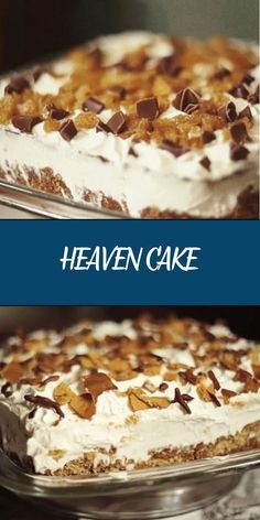 two different pictures of a cake with chocolate chips on top and the words heaven cake above it