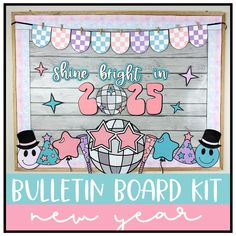 the bulletin board kit for new year's eve is shown in pink, blue and white