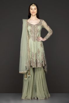 Buy Mint Green Asymmetrical Peplum Top With Silk Inner And Georgette Sharara Readymade or Customised Online. Pakistani/Indian Wedding Dress Mongas Southall, London