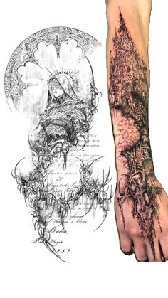 a person's arm with tattoos on it and another drawing in the back ground