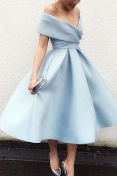 MACloth Off the Shoulder Satin Midi Cocktail Dress Sky Blue Tea Length Tea Length Homecoming Dresses, Formal Dresses Knee Length, Tea Length Formal Dresses, Knee Length Dresses Formal, Tea Length Prom Dress, Neon Prom Dresses, Tea Length Bridesmaid Dresses, Cocktail Party Outfit, Purple Evening Dress