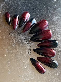 Red and Black Ombre Nails Gothic Press Ons Reusable Witchy | Etsy Wedding Nails Red And Black, Valentine Goth Nails, Red Witchy Nails, Vampire Nails Aesthetic, Red And Black Ombre Nails, Burgundy And Black Nails, Red Sparkly Nails, Ambre Nails