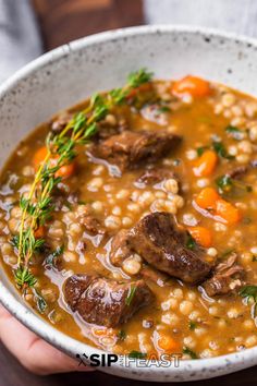 a person holding a bowl of soup with meat and vegetables