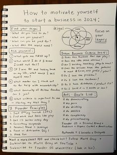 a spiral notebook with notes on how to motivate yourself and start a business in 2014