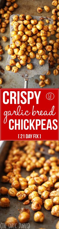 crispy garlic breaded chickpeas on a baking sheet with text overlay