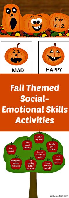 an orange and white poster with pumpkins on it that says fall themed social - emotion skills activities