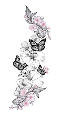 some flowers and butterflies on a white background