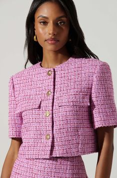 Tweed jacket Button closure Fully lined Dry clean only Self: 100% Polyester / Lining: 100% Polyester Style# ACT17710A Dry Clean Only, Spring 2024, Jacket Buttons, Tweed Jacket, S Models, Pink Red, Fitness Models, Coats Jackets, Fashion Inspo