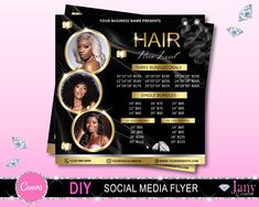 a flyer for a hair salon with two women's heads and diamonds on it