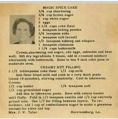 an old recipe card with information about the ingredients and instructions for making cake in it