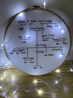 the family tree is illuminated in white and has lights around it on top of a wooden table