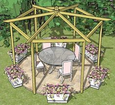 an outdoor dining area with potted plants on the ground and a gazebo in the background