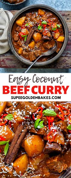 beef curry with carrots and peppers in a bowl on a wooden table next to another dish