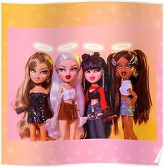 four dolls are standing next to each other on a pink and yellow background with stars