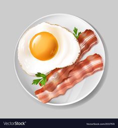 an egg and bacon on a plate - food objects