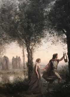 a painting of two people standing in the woods