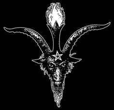 a goat head with long horns and an inverted star on it's forehead, in black and white