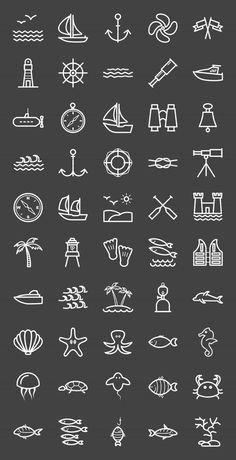 a large set of hand drawn icons on a dark background, including ships and boats