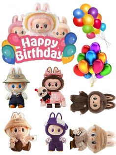 several stuffed animals and balloons with the words happy birthday