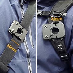 there is a camera strap attached to the back of a jacket that has an extra buckle on it