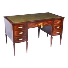 an antique desk with two drawers and a green leather padlock on the bottom drawer