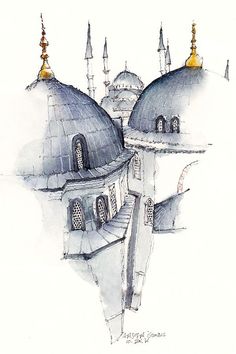 a drawing of some buildings with domes on top