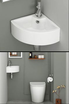 two pictures of a bathroom sink and toilet