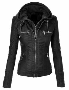 New Women Slim Fit Hooded Black Motorcycle Real Leather Biker Jacket    Product Details - Available In Real Sheepskin Soft Leather Material. -Lining: Polyester.  -Fleece Removable Hood. -Color Available Black -Front Pocket and Inner Pockets. -Hand Made :- Brilliantly Designed, Professionally cut & Premium Stitching throughout as per International Standards. 100% Money Back Guarantee!! Cheap Black Hooded Jacket For Fall, Jacket With Hoodie, Faux Leather Motorcycle Jacket, Biker Chic, Real Leather Jacket, Leather Motorcycle Jacket, Mode Style, Faux Leather Jackets, Mode Outfits