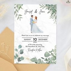 a wedding card with an image of a bride and groom