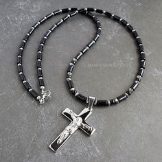 Unisex Cross Necklace | Stainless Steel Crucifix Cross Pendant & Black Onyx Beaded Necklace for Men, Women, 22, 26, 32in Onyx Cross Jewelry Gift, Onyx Cross Jewelry As A Gift, Spiritual Onyx Cross Jewelry, Crucifix Jewelry With Black Beads As Gift, Black Crucifix Jewelry For Jewelry Making, Black Beaded Crucifix Jewelry, Male Bracelets, Beaded Necklace For Men, Men Necklaces