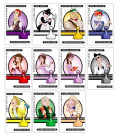 the disney princesses playing cards are shown in different styles and colors, including one for each