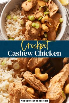 crockpot cashew chicken with white rice in a bowl