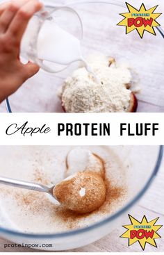 a person pouring flour into a bowl with an apple in it and the words apple protein fluff below